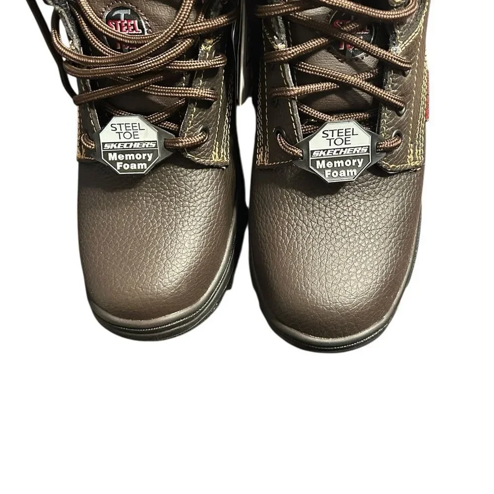 Skechers Men's Dark Brown Safety Steel Toe Leather Boots(Size 7.5)